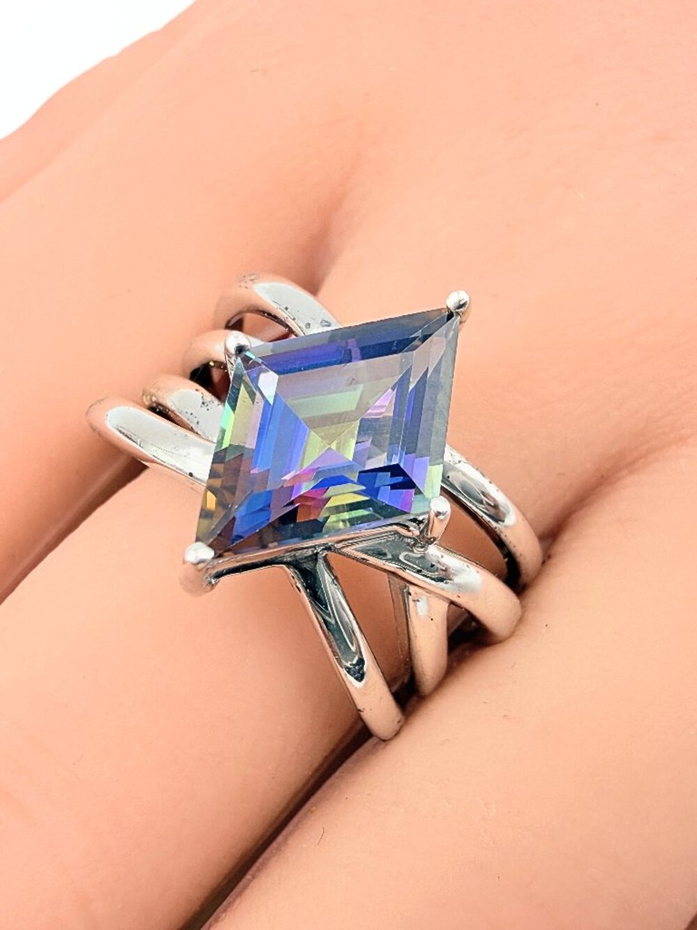 Contemporary Marked Sterling Silver Lozenge Cut Mystic Topaz Ring Sz 10